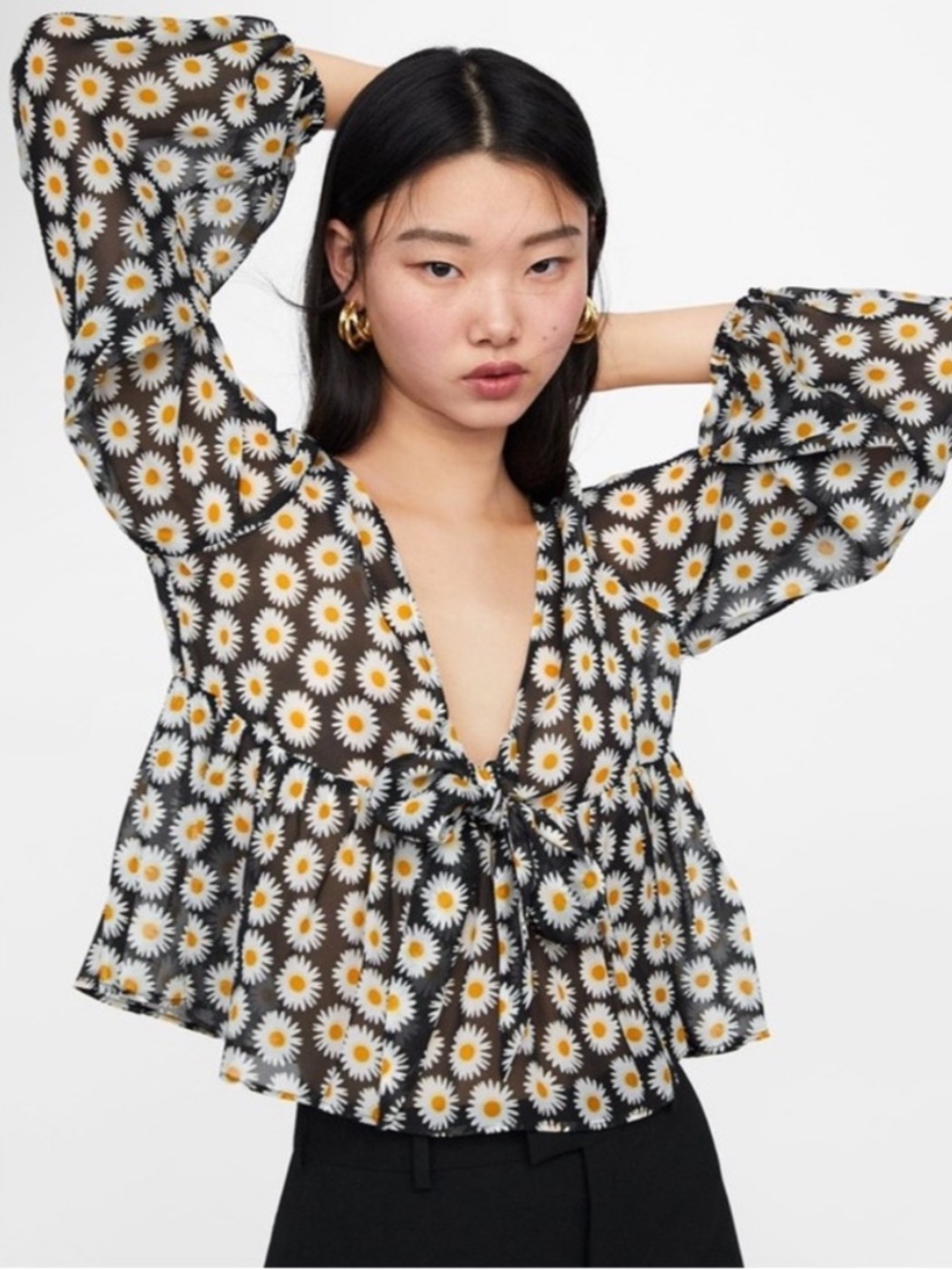 Zara Daisy Floral Sheer Front Tie Long Sleeve Peplum Top, size S